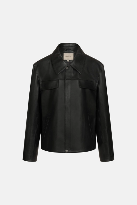 Leather jacket with flap pockets