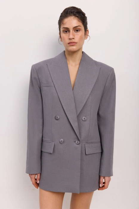 Oversized double-breasted linen blazer with shoulder pads
