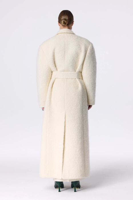 Double-breasted alpaca coat with accent shoulder