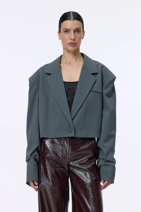 Cropped wool blazer with gathered details on the sleeves