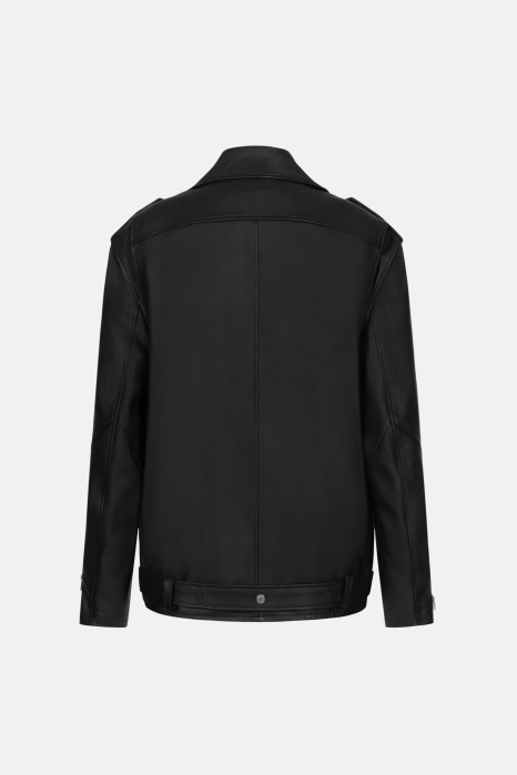 Leather jacket with shoulder pads and belt