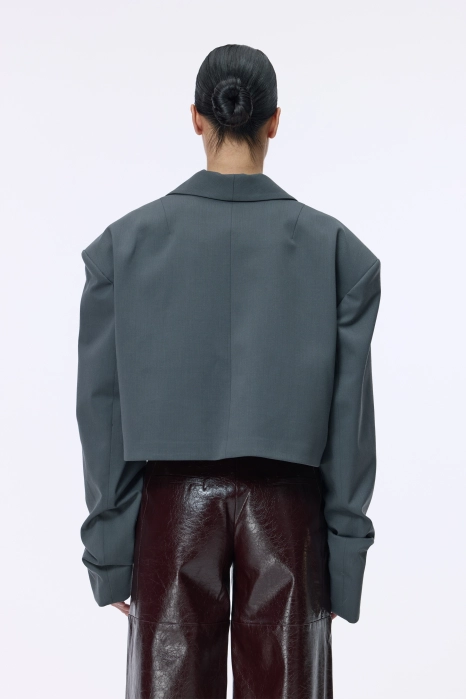 Cropped wool blazer with gathered details on the sleeves