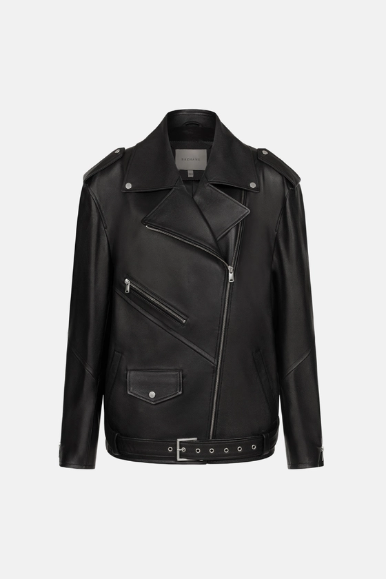 Leather jacket with shoulder pads and belt - photo 1