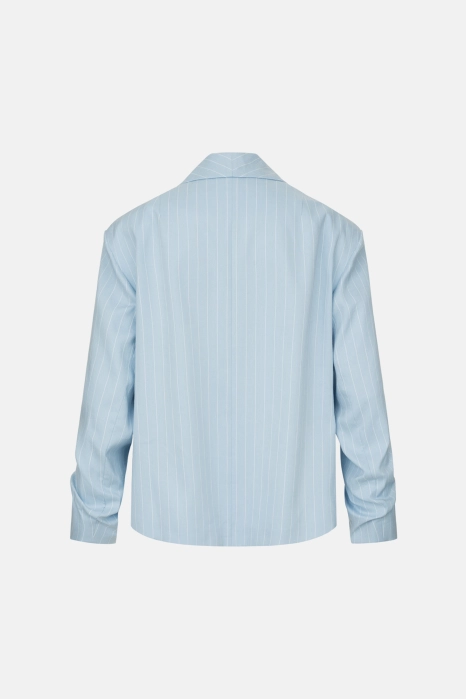 Oversized linen blazer with gathered details on the sleeves