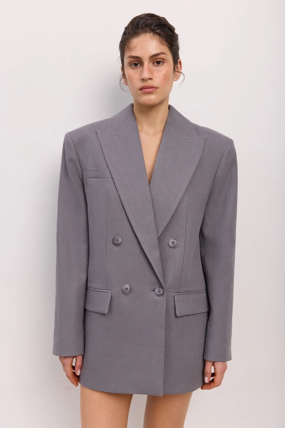 Oversized double-breasted linen blazer with shoulder pads - photo 3