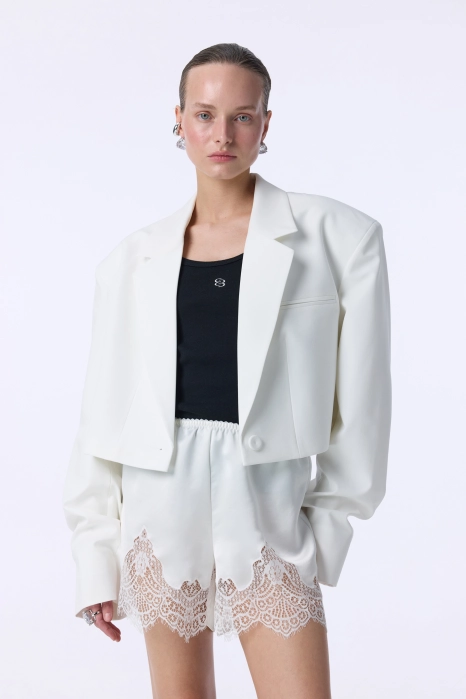 Cropped cotton blazer with gathered sleeves