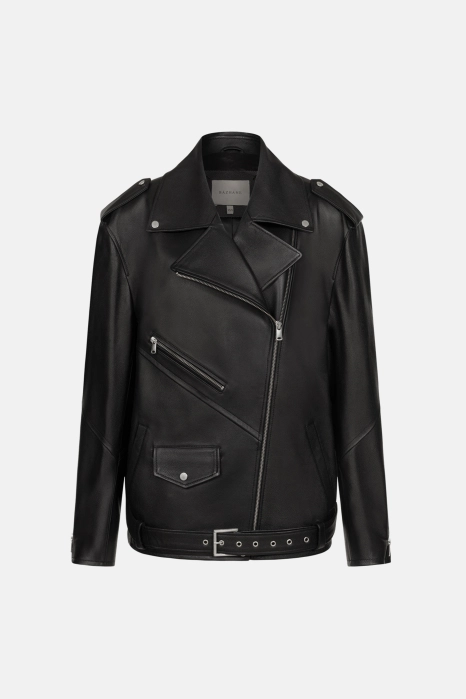Leather jacket with shoulder pads and belt