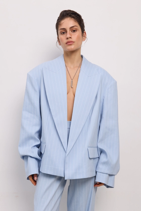 Oversized linen blazer with gathered details on the sleeves - photo 3