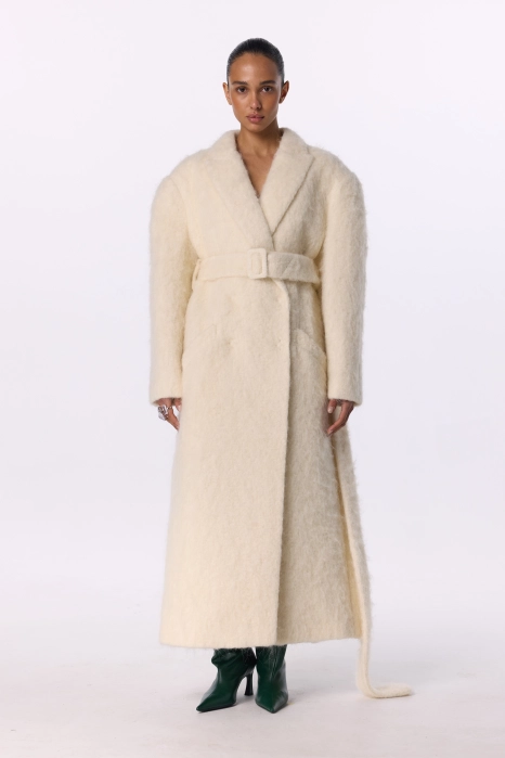 Double-breasted alpaca coat with accent shoulder