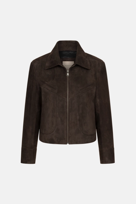 Leather jacket with slanting pockets