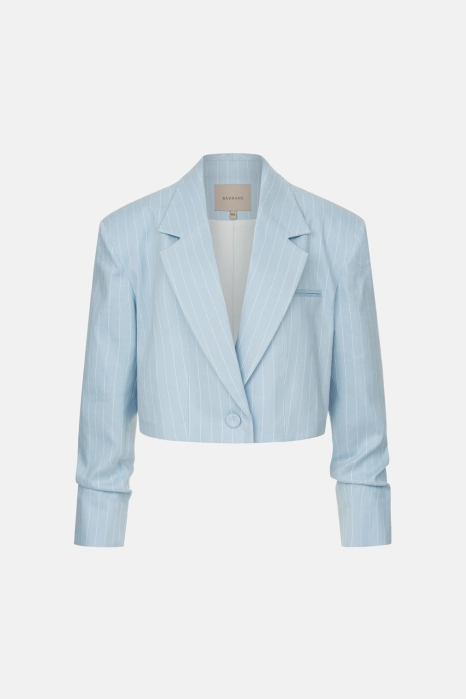 Cropped linen blazer with gathered details on the sleeves