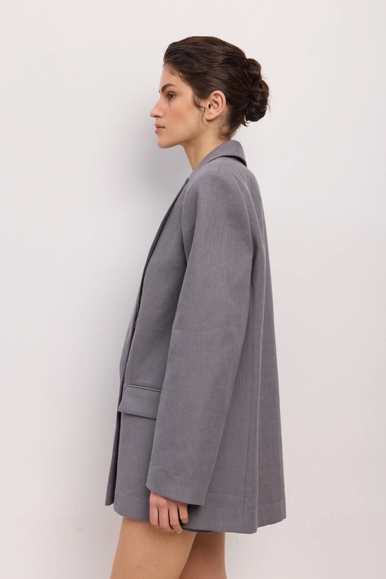 Oversized double-breasted linen blazer with shoulder pads - photo 5